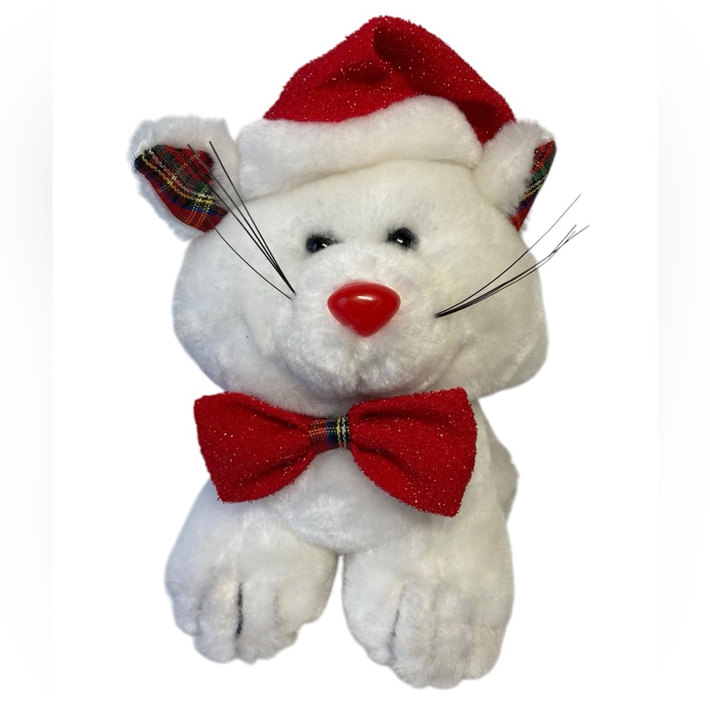 Armbee White Kitty Cat Christmas 7" Plush Stuffed Animal Red Santa‎ Hat Bow